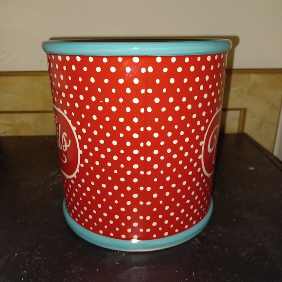 NWT Pioneer Woman red,white polka dot trim blue utensil holder 6.5"tall(091124A) - Picture 2 of 5